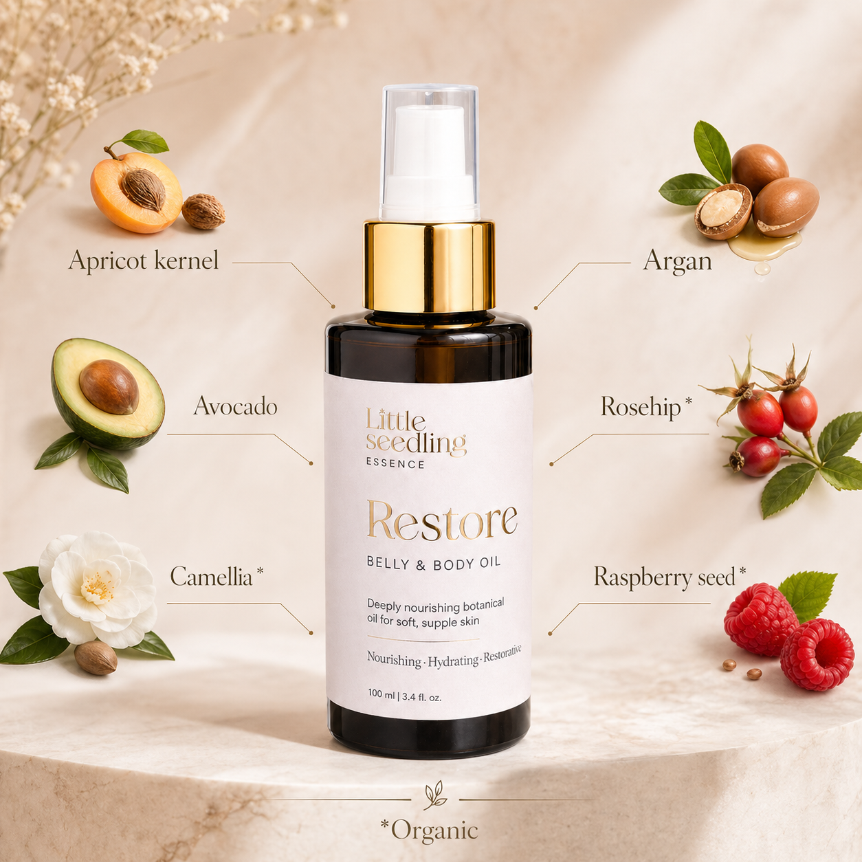 Little Seedling Essence Restore Belly & Body Oil bottle with botanical ingredients on a beige background