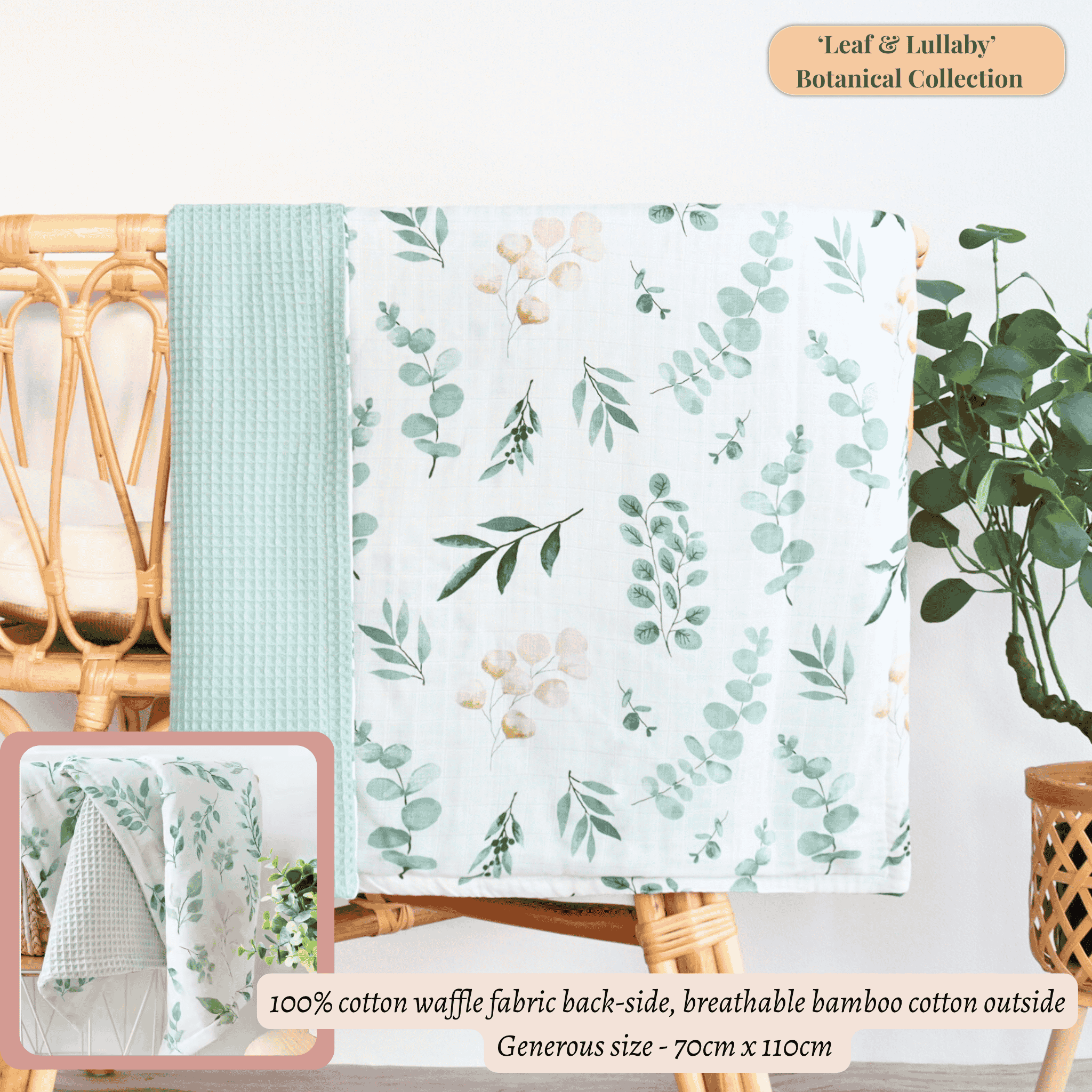 botanical green leaves printed waffle knit baby blanket