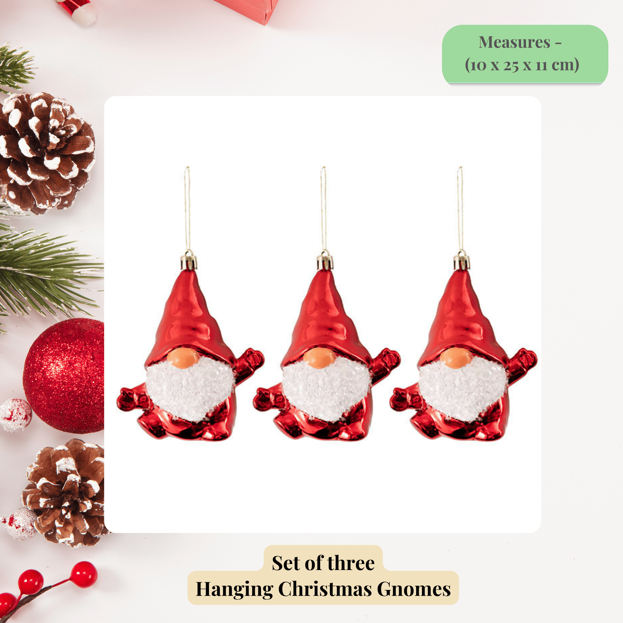 Set of three red Christmas gnome ornaments, perfect for hanging decorations, centrepiece and gifts.