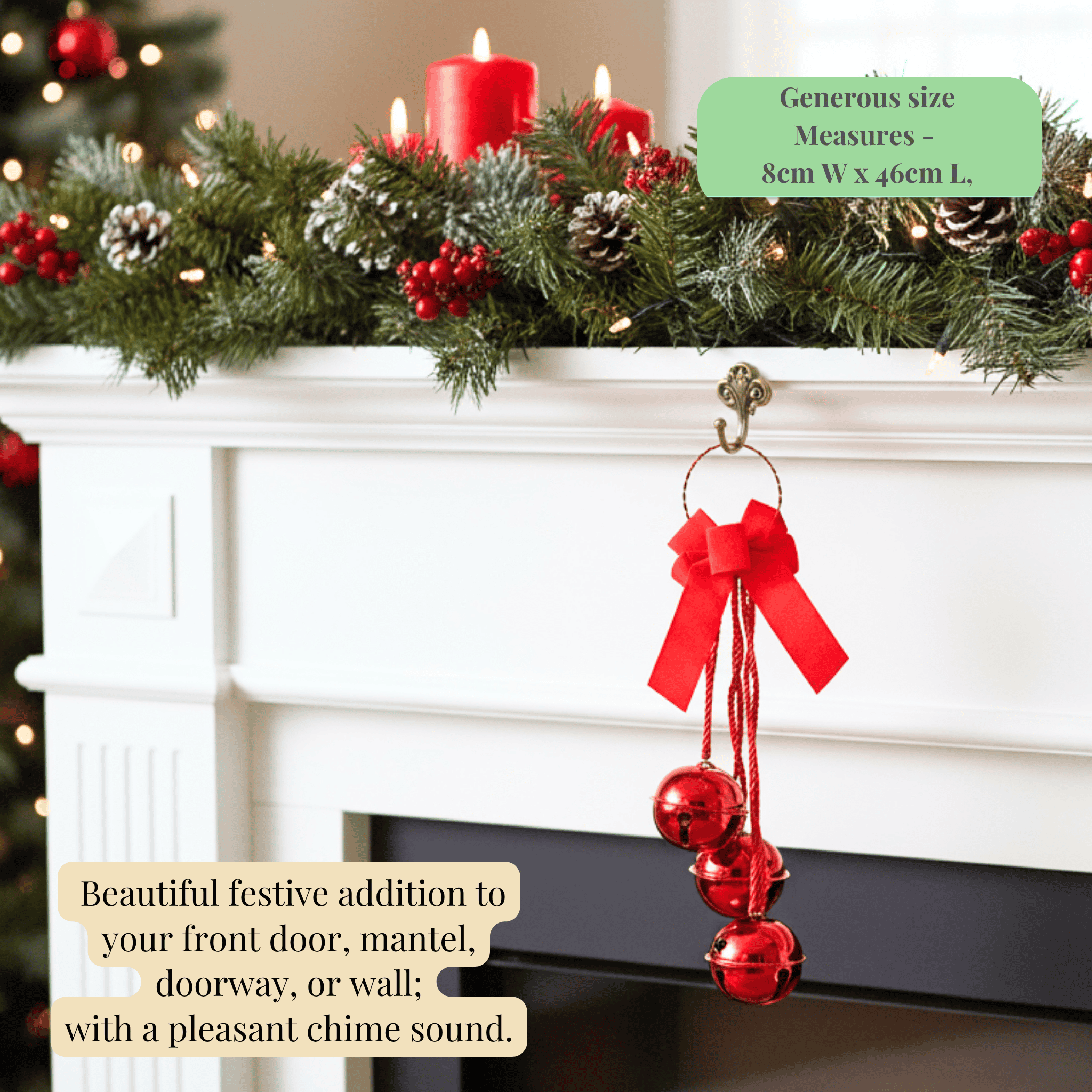 Festive Door Hanger with Metal Bells & Bow - Red (8x46cm)