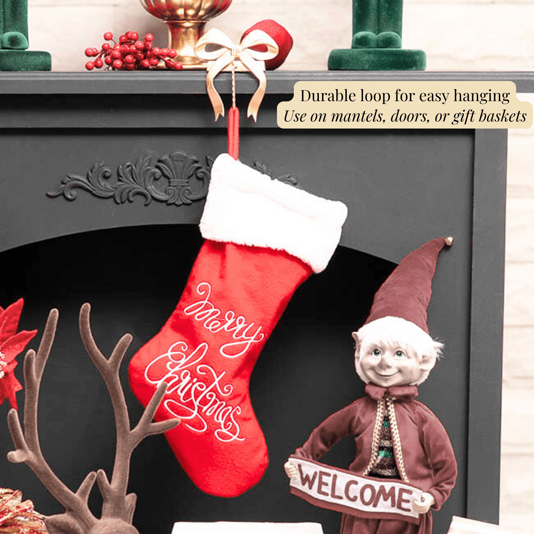 Red Christmas stocking with white text hanging on a fireplace mantel, accompanied by a decorative elf figure.