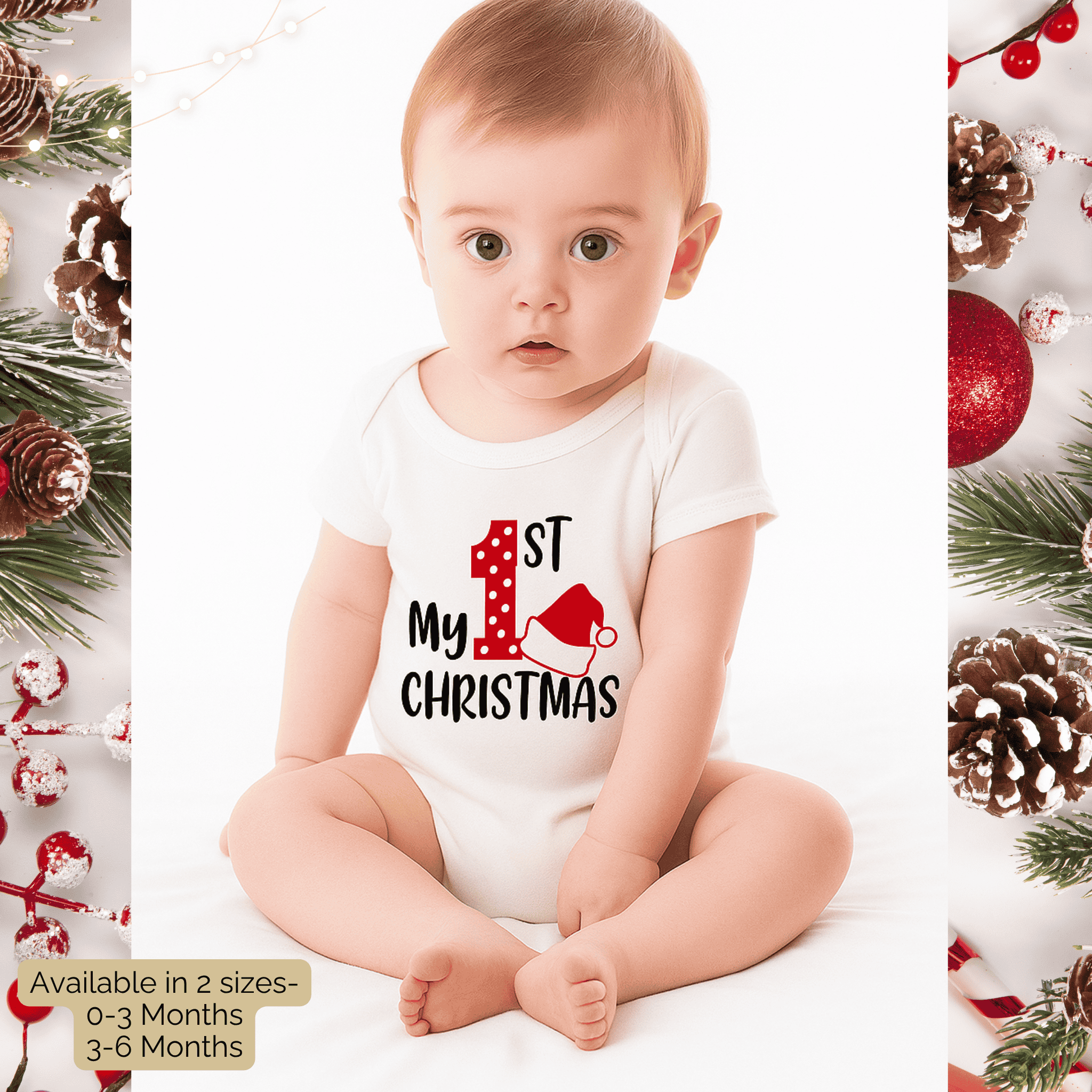 Baby wearing a 'My 1st Christmas' onesie with festive decorations around.