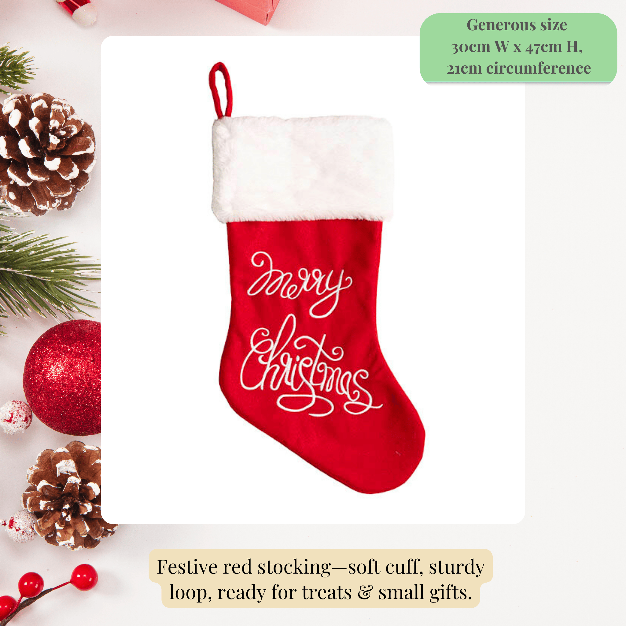 Red Christmas stocking with 'Merry Christmas' text, surrounded by festive decorations on a white background.