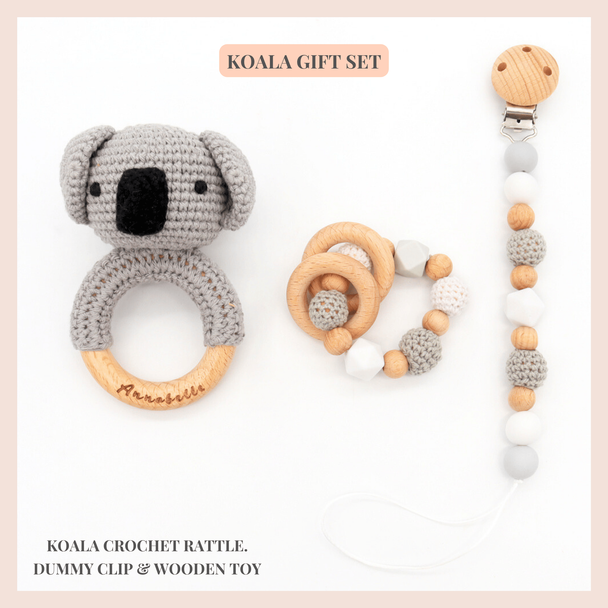 Koala gift set - wooden toy, koala crochet rattle, wooden dummy clip