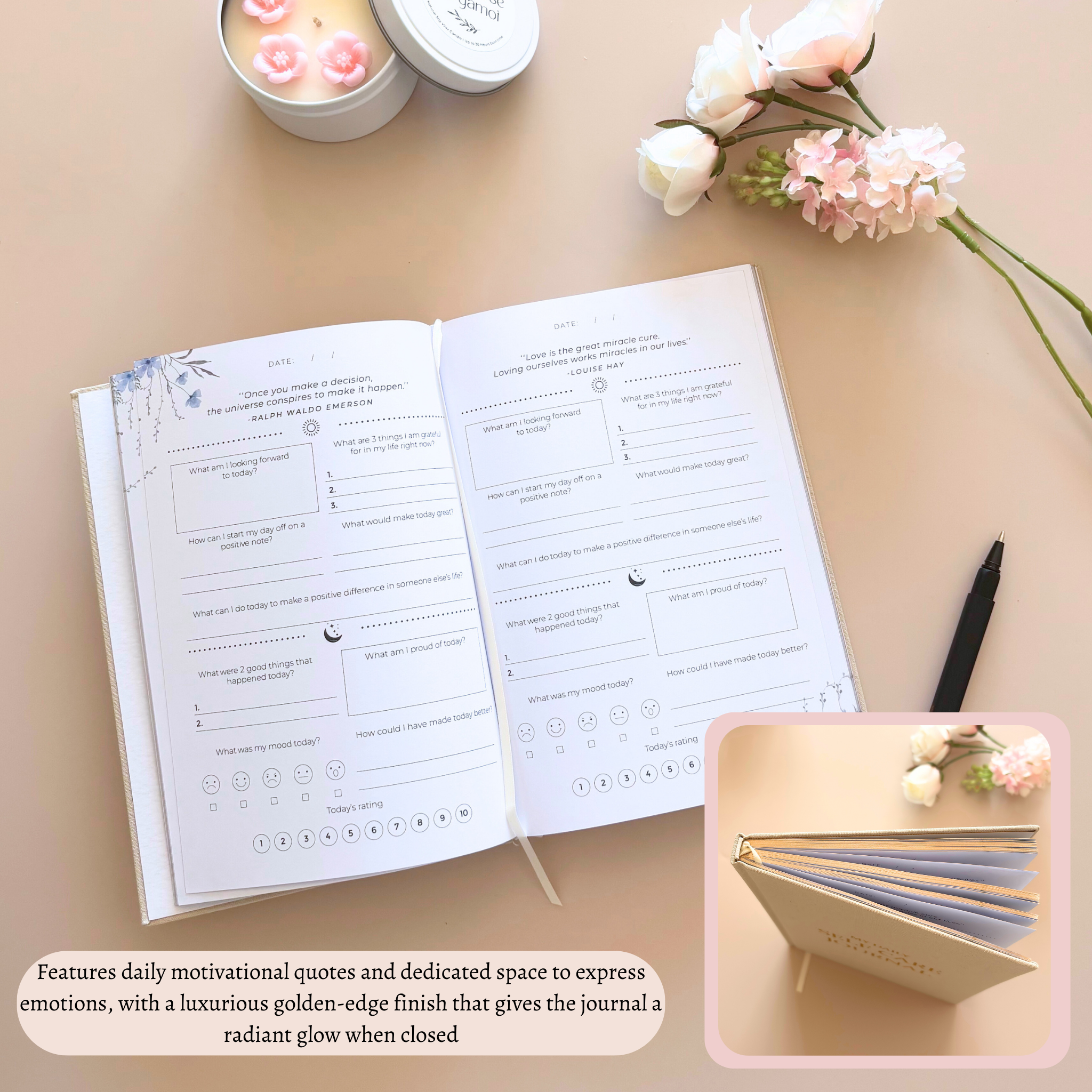 Mindfulness journal with motivational quotes and daily check-in