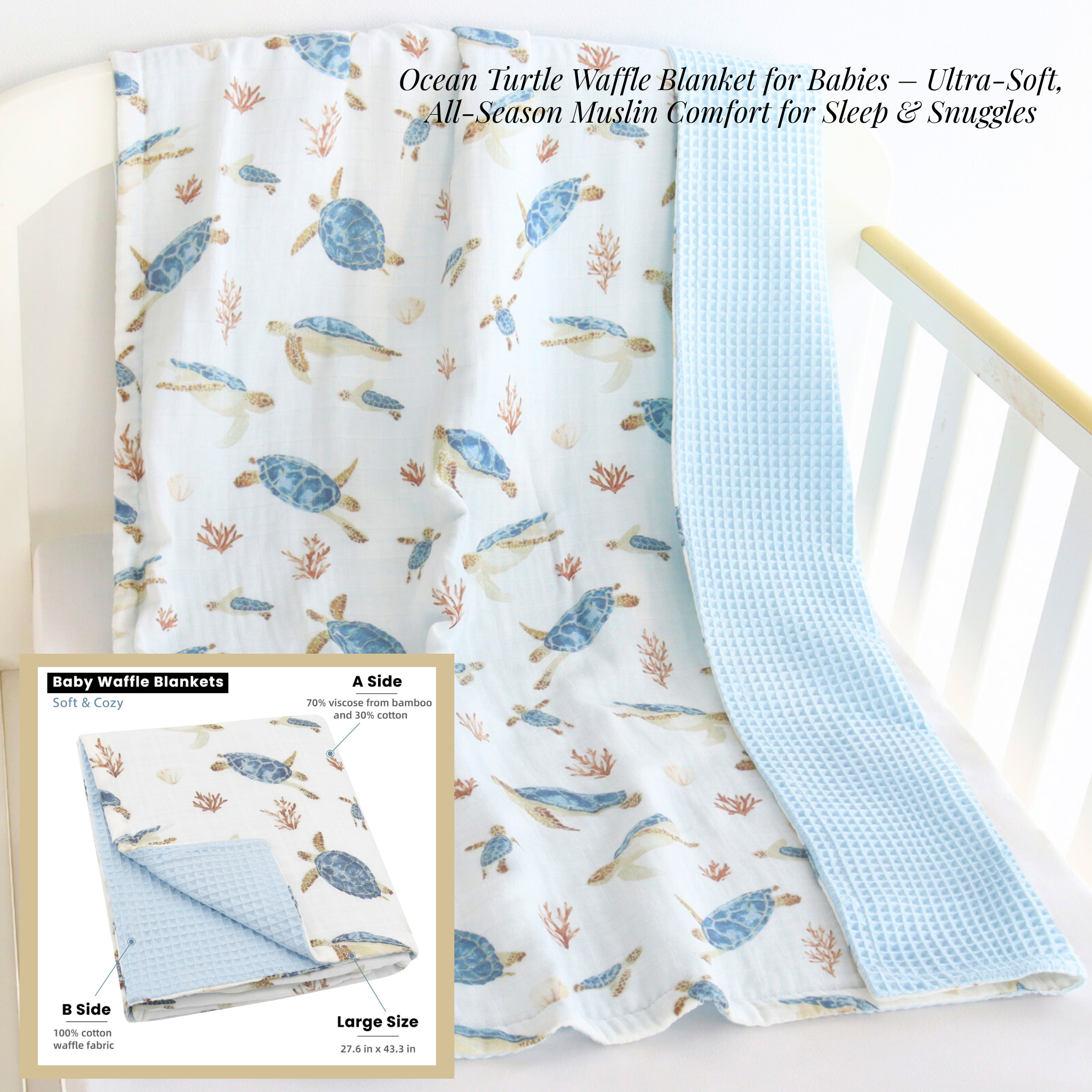 Ocean Turtle Waffle Blanket for Babies with turtles and coral pattern on a white background