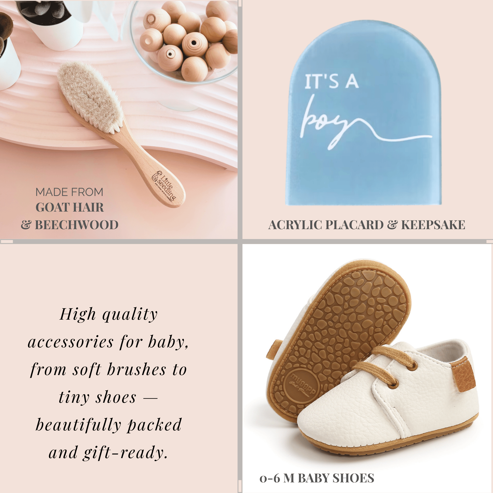 Collage of baby accessories including a brush, placard, and shoes with text describing their quality and uses.