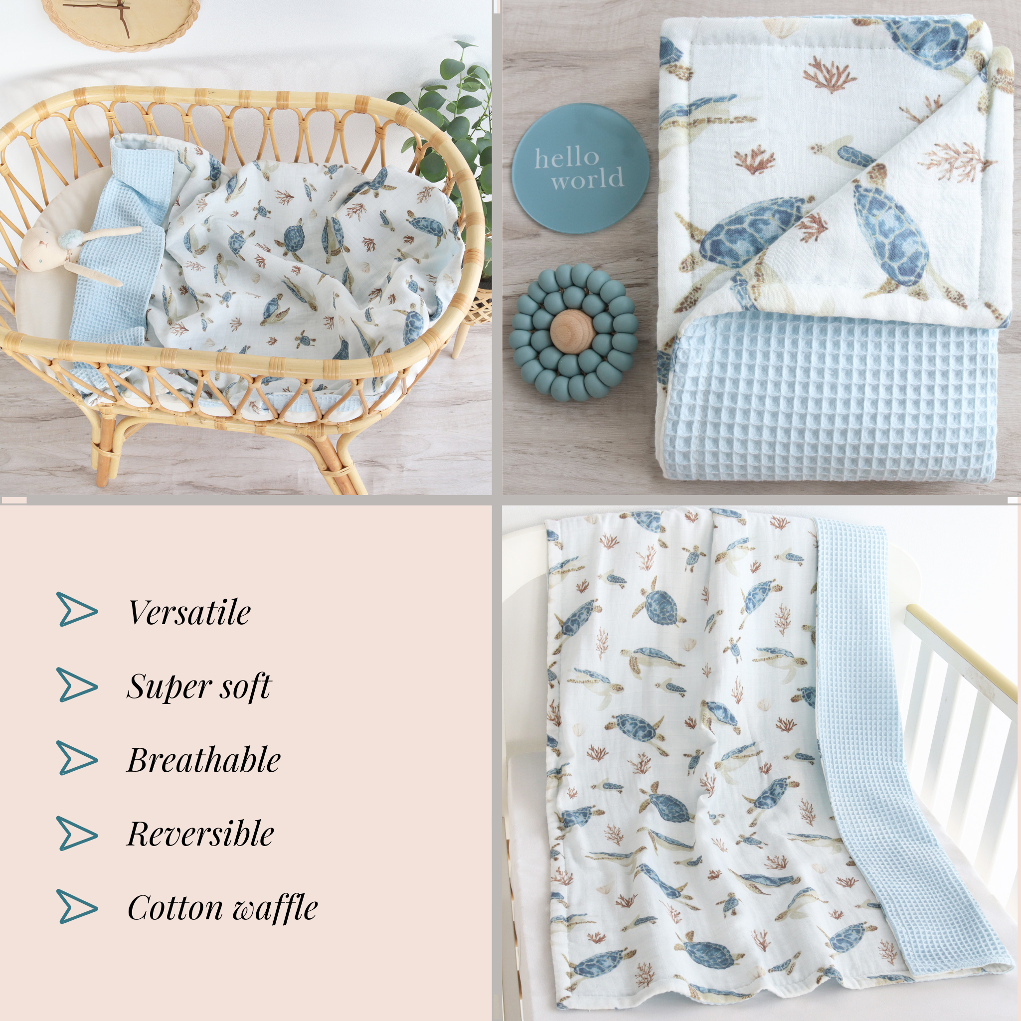 Newborn baby waffle blanket in ocean turtle print, soft blue colour