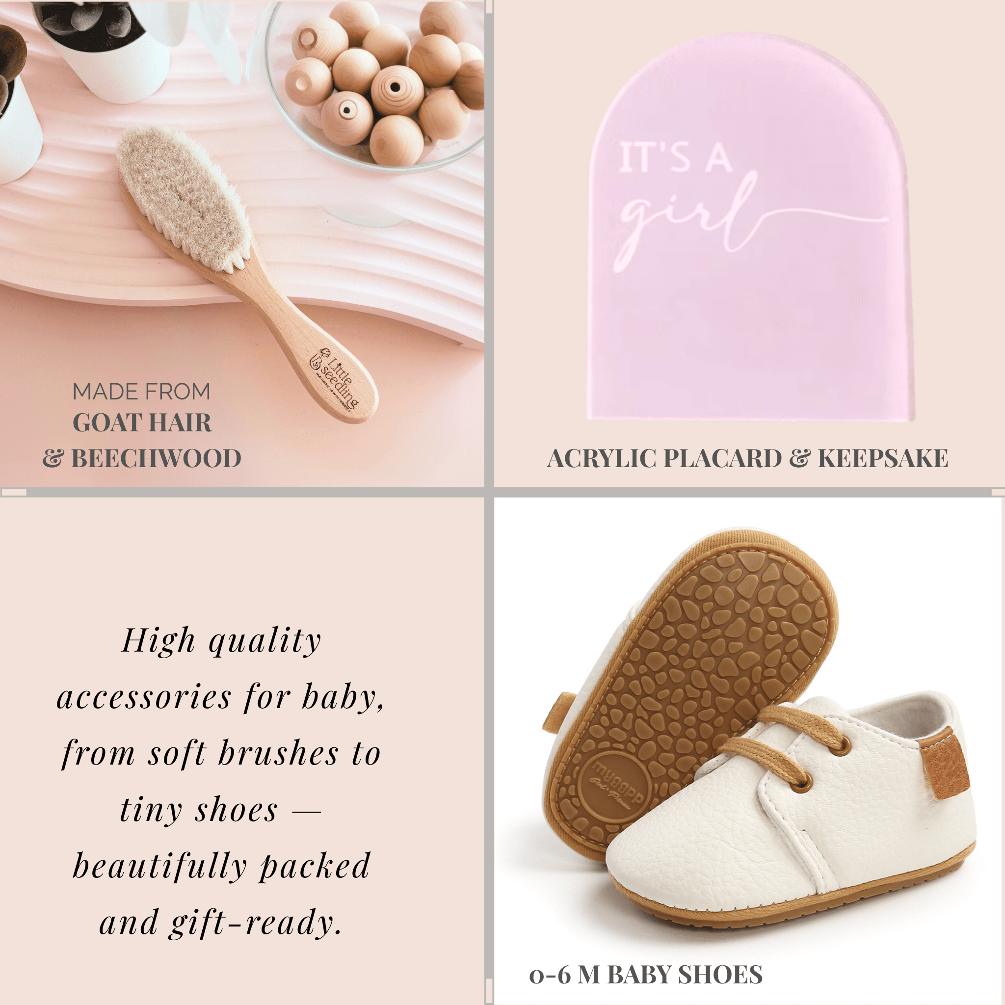 Collage of baby accessories including a brush, placard, and shoes on a pink background.