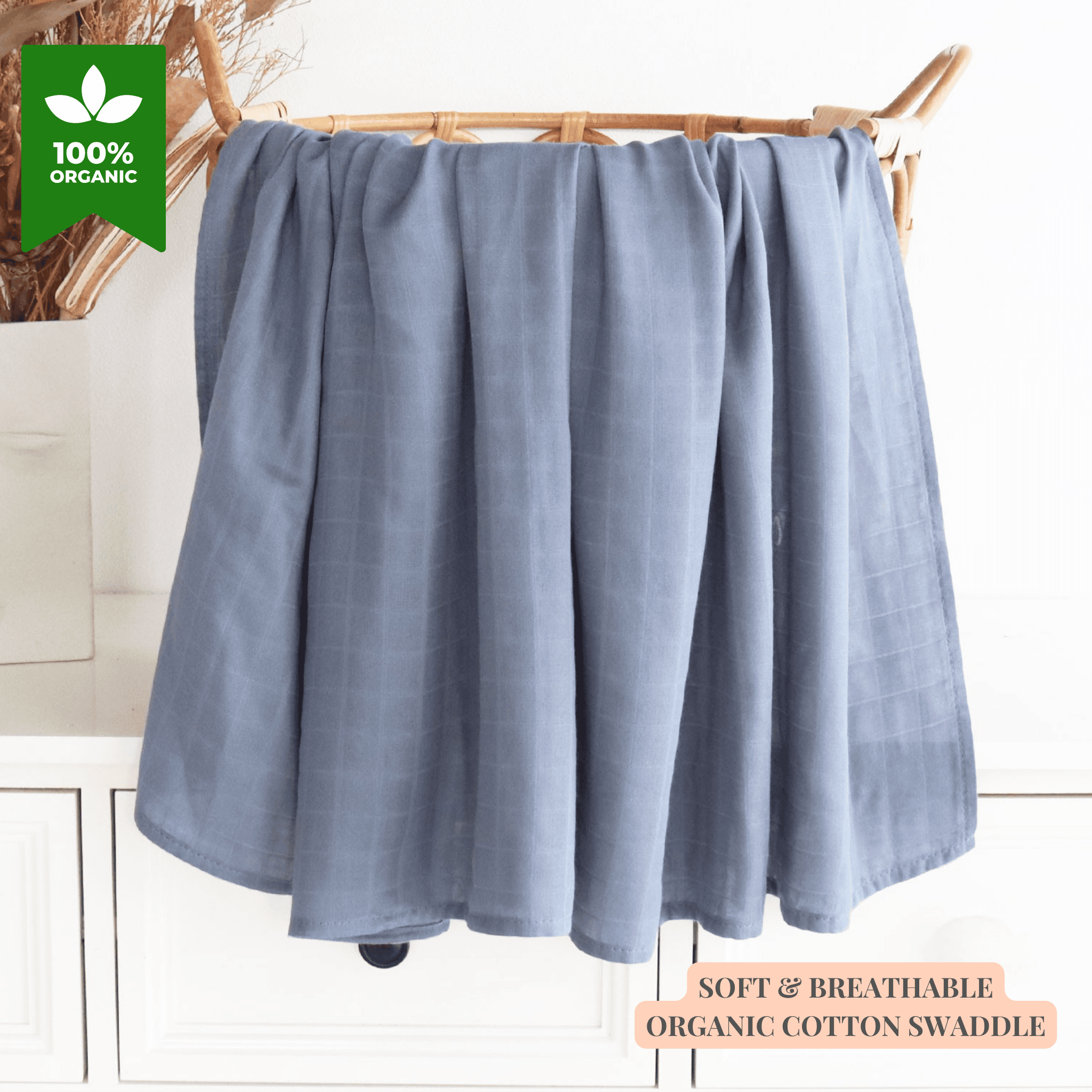 Organic cotton baby swaddle in blue