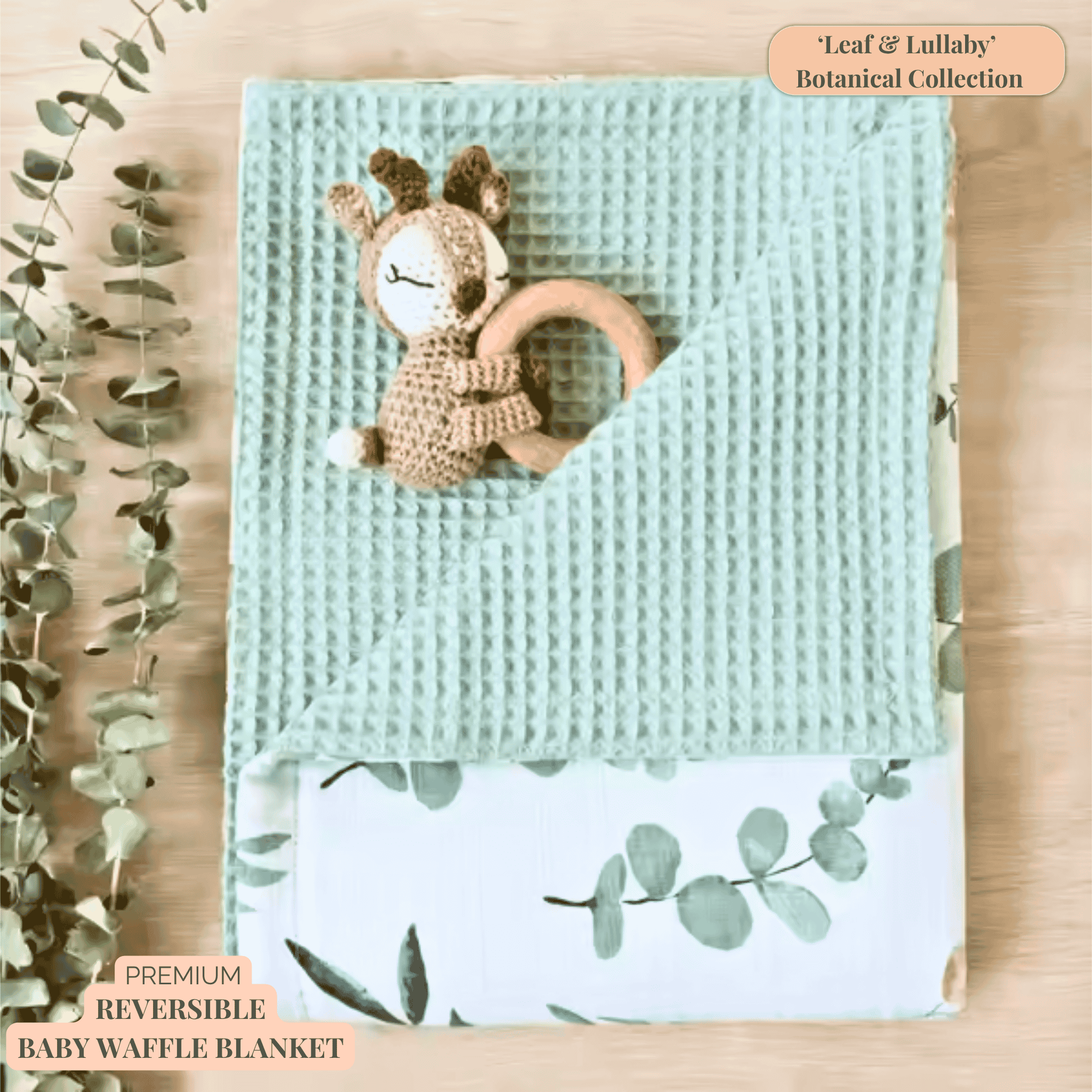 Reversible baby waffle blanket, cotton bamboo in green leaves botanical print