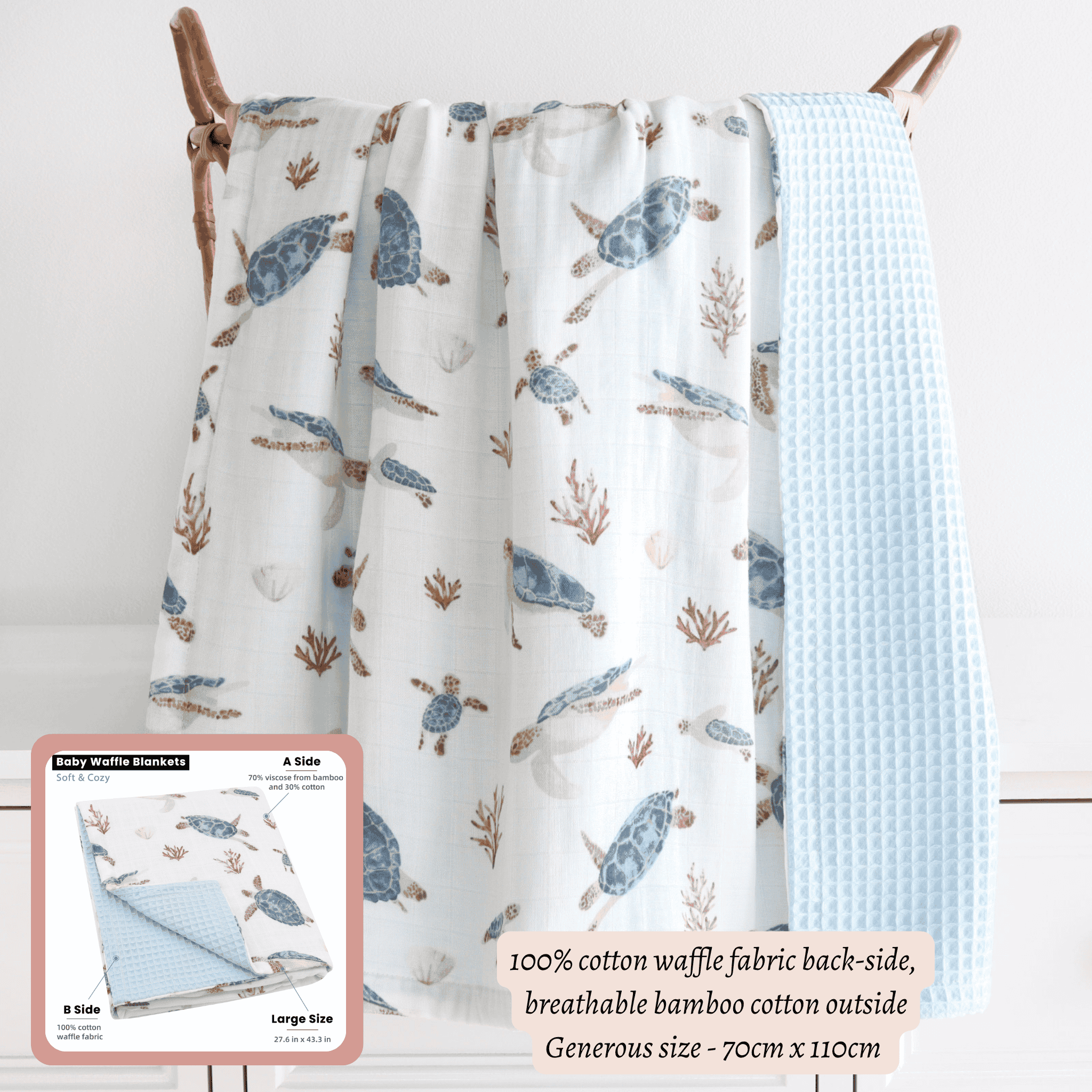 Newborn Baby blanket with turtle pattern and waffle texture
