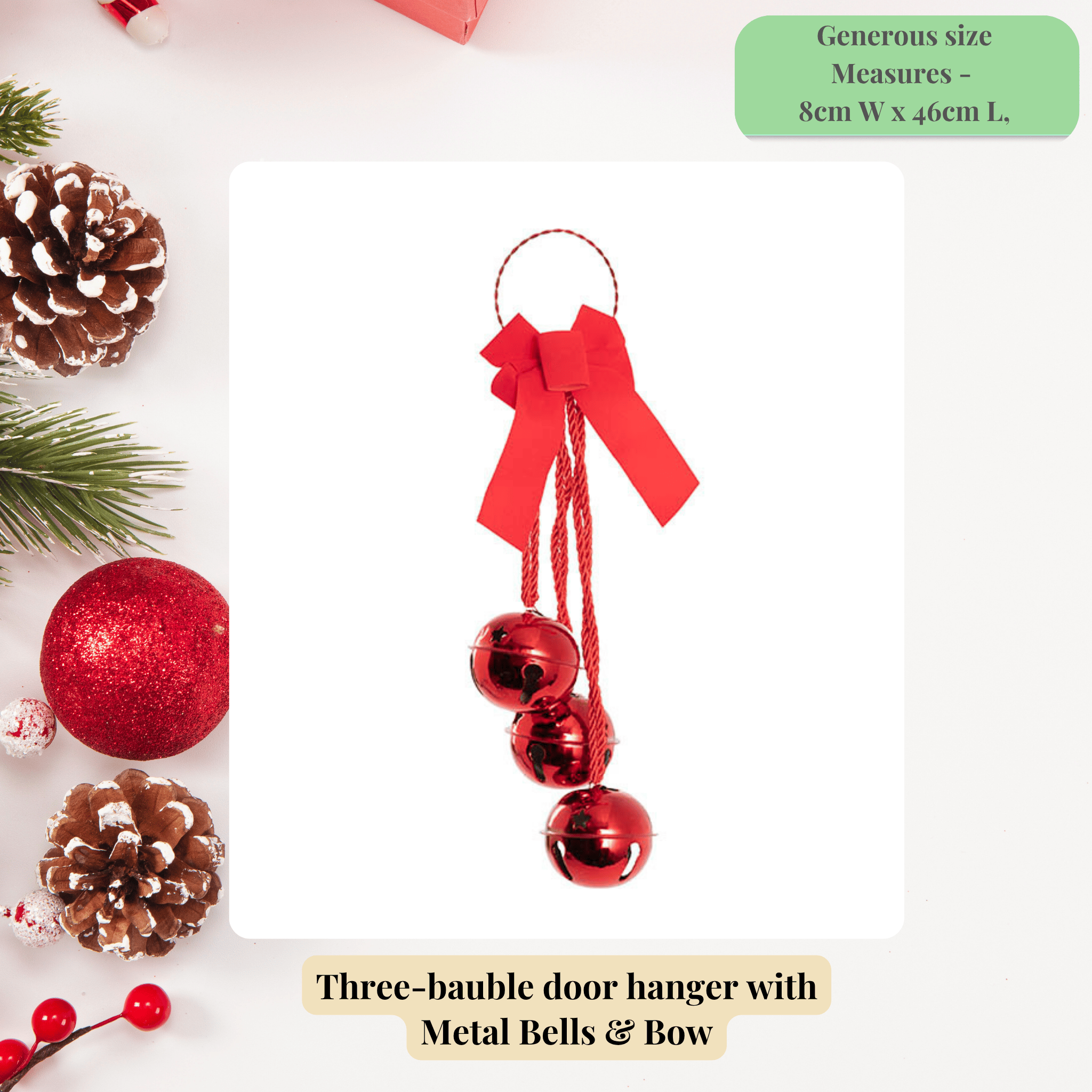 Festive Door Hanger with Metal Bells & Bow - Red (8x46cm)
