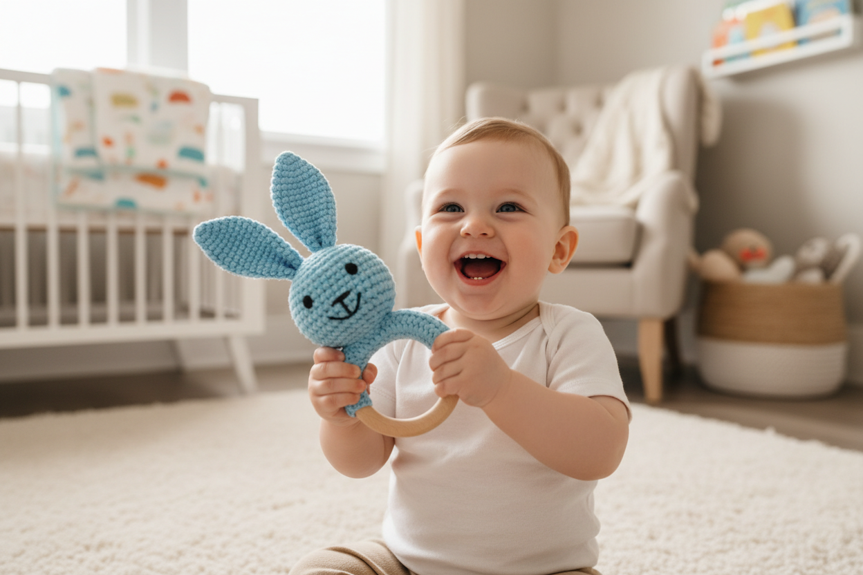 Generate an image of a happy baby boy playing with a crochet sky blue colour bunny wooden rattle
