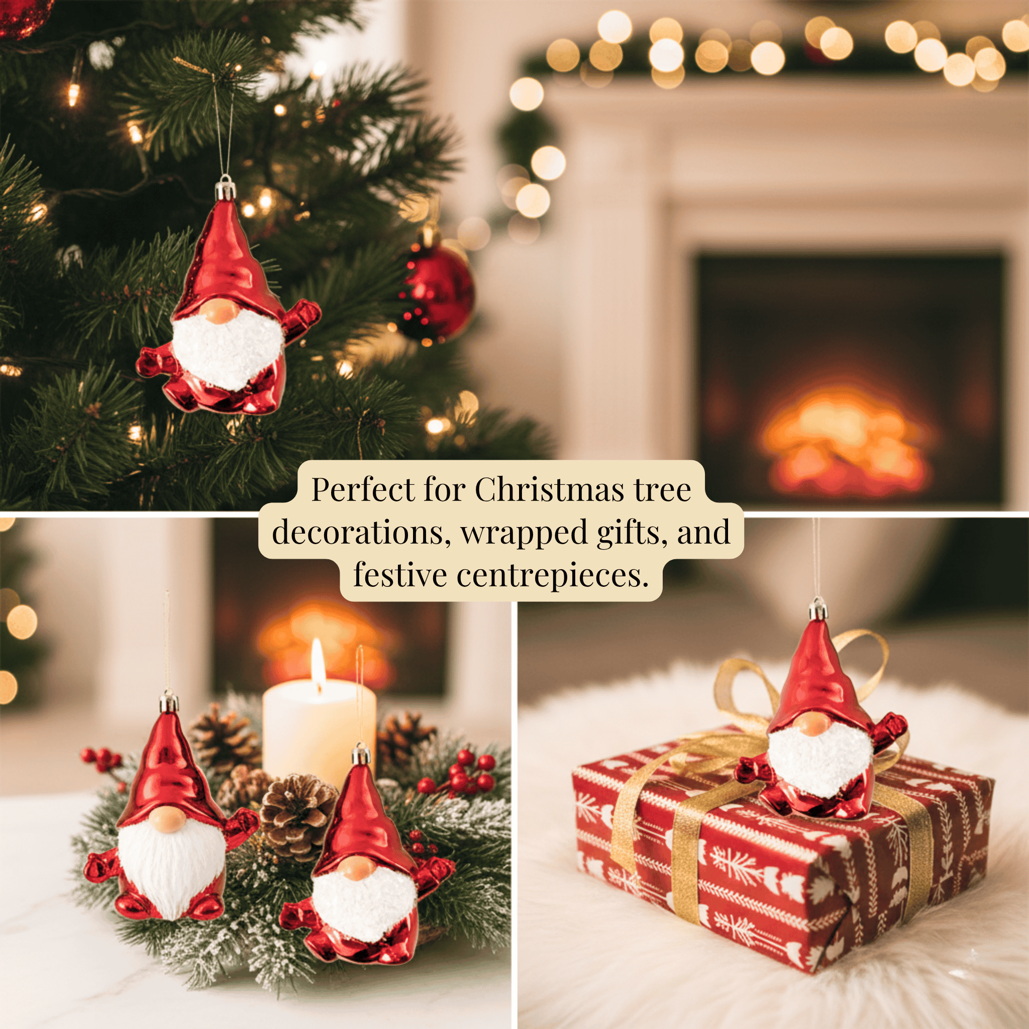 Collage of Christmas-themed decorations including gnomes on a tree, with a fireplace in the background.