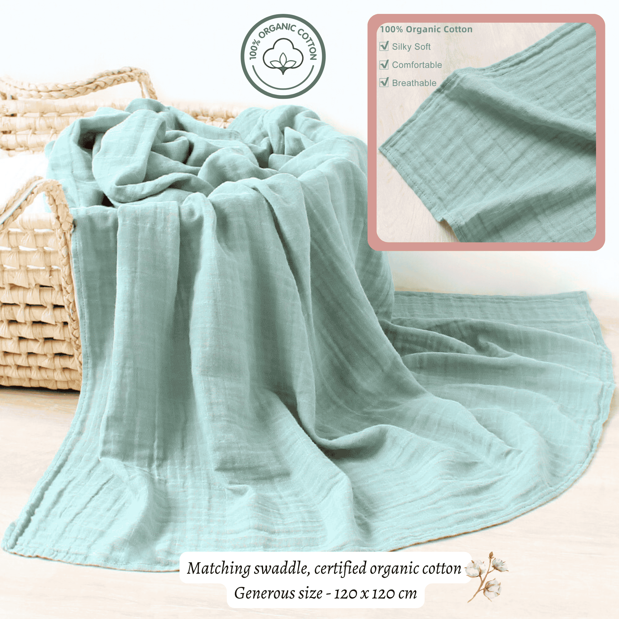 100% organic cotton swaddle wrap for baby in sage green colour