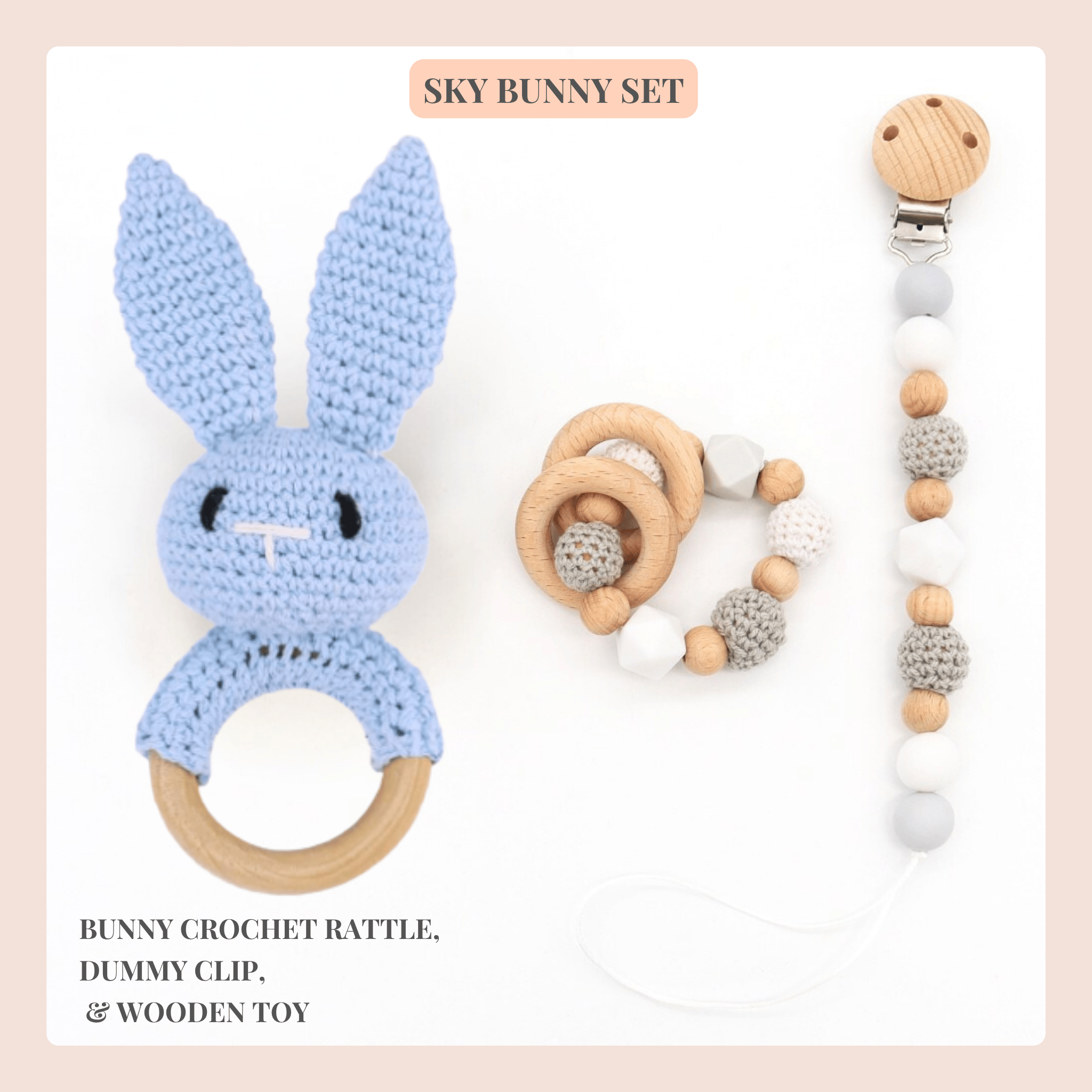 Baby toy set with bunny rattle, dummy clip, and wooden toy 